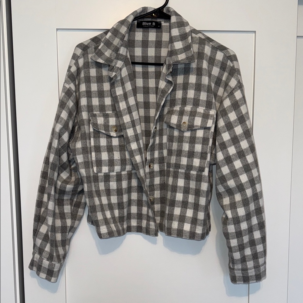 Blue B Gray & White Cropped Plaid Shirt Jacket